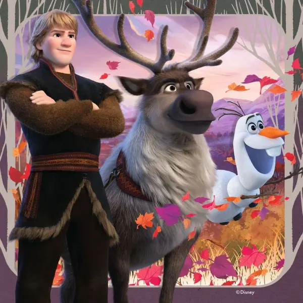 Obdélníkový jedlý obrázek na dort – Frozen, Kristoff, Sven a Olaf v listí (fialová, hnědá, šedá)