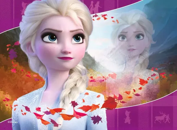Obdélníkový jedlý obrázek na dort – Frozen Autumn, Elsa a vířící listí (fialová, červená, modrá)