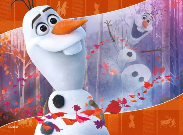 Obdélníkový jedlý obrázek na dort – Frozen Autumn, sněhulák Olaf v lese (bílá, červená, fialová)