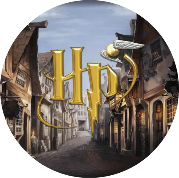 Kulatý jedlý obrázek na dort – Harry Potter Příčná ulice (hnědá, zlatá, šedá)