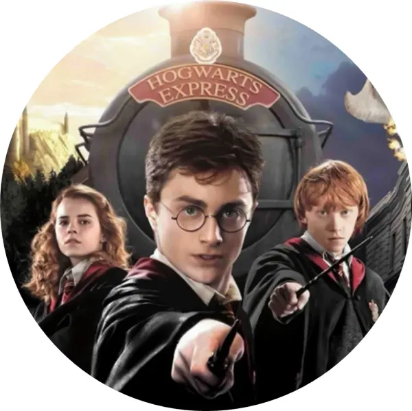 Kulatý jedlý obrázek na dort – Harry Potter Bradavický expres (černá, červená, šedá)