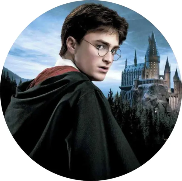 Kulatý jedlý obrázek na dort – Harry Potter, pohled přes rameno u hradu (modrá, černá, šedá)