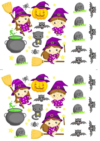 Obdélníkový jedlý papír k výřezu – Halloween, Čarodějnice, pavoučci a náhrobek (fialová, žlutá, černá)