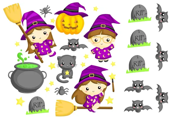 Obdélníkový jedlý papír k výřezu – Halloween, Čarodějnice chibi, dýně a kočky (fialová, žlutá, černá)