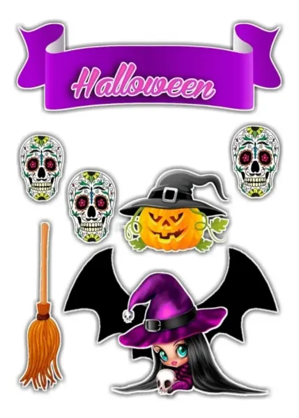 Obdélníkový jedlý papír k výřezu – Halloween, čarodějka a mexické lebky (fialová, černá, žlutá)