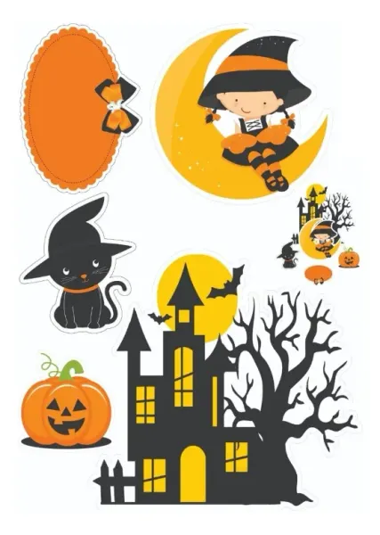 Obdélníkový jedlý papír k výřezu – Halloween, čarodějka na měsíci a kočička (žlutá, černá, bílá)