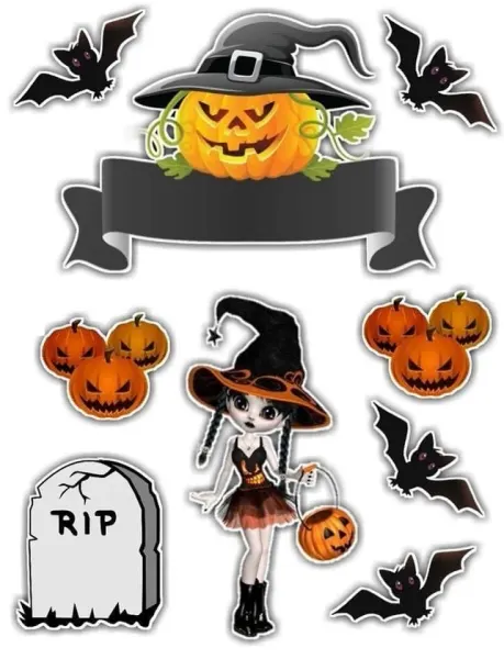 Obdélníkový jedlý papír k výřezu – Halloween, čarodějka, náhrobek a stuha (černá, žlutá, šedá)