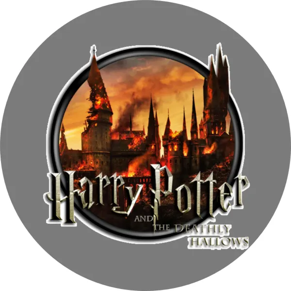 Kulatý jedlý obrázek na dort – Harry Potter Bitva o Bradavice, hořící hrad (černá, žlutá, hnědá)