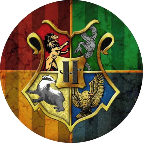 Kulatý jedlý obrázek na dort – Harry Potter, Bradavický znak na pergamenu (červená, zelená, žlutá)