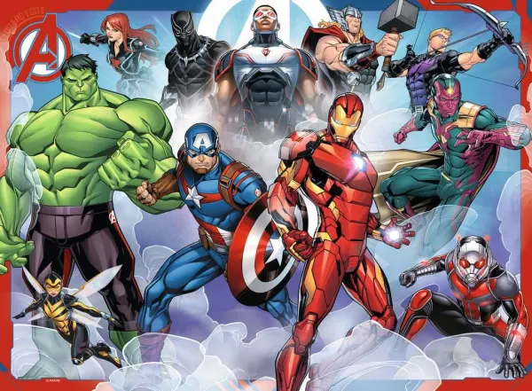 Obdélníkový jedlý obrázek na dort – Avengers, tým s Ant-Manem a Falconem (modrá, červená, zelená)