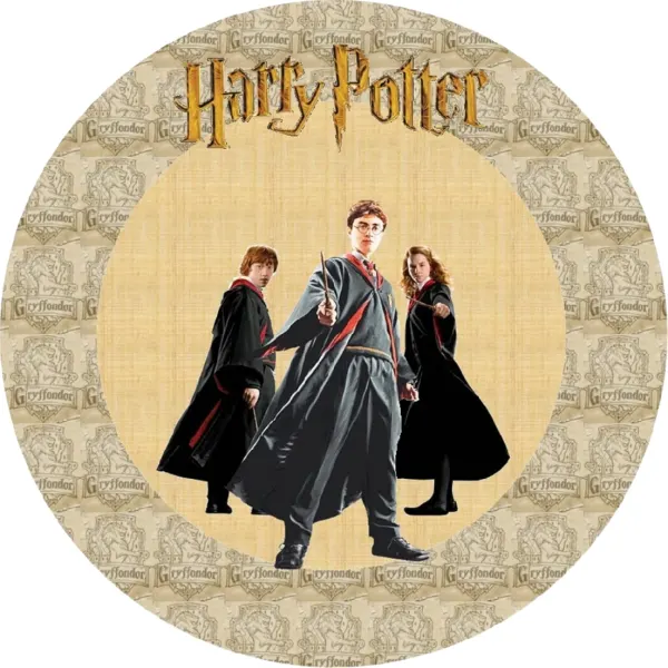 Kulatý jedlý obrázek na dort – Harry Potter Golden Trio, s erby Nebelvíru (hnědá, černá, zlatá)