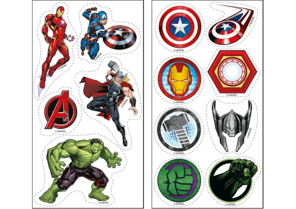 Obdélníkový jedlý papír k výřezu – Avengers, 4 hrdinové, emblémy a štít (červená, modrá, zelená)