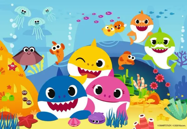 Obdélníkový jedlý obrázek na dort – Baby Shark, rodinka, medúzy a mušle (modrá, žlutá, růžová)