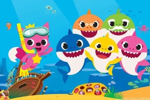 Obdélníkový jedlý obrázek na dort – Baby Shark, rodinka s lišákem a vrakem lodi (modrá, žlutá, růžová)