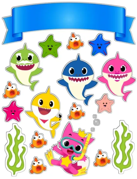 Obdélníkový jedlý papír k výřezu – Baby Shark (modrá, růžová, zelená)