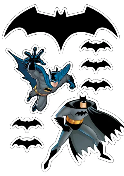 Obdélníkový jedlý papír k výřezu – Batman, v letu a v postoji s netopýřími logy (černá, šedá, modrá)