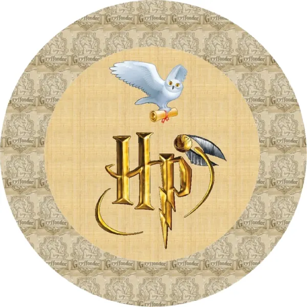 Kulatý jedlý obrázek na dort – Harry Potter Hedvika (žlutá, hnědá, zlatá)