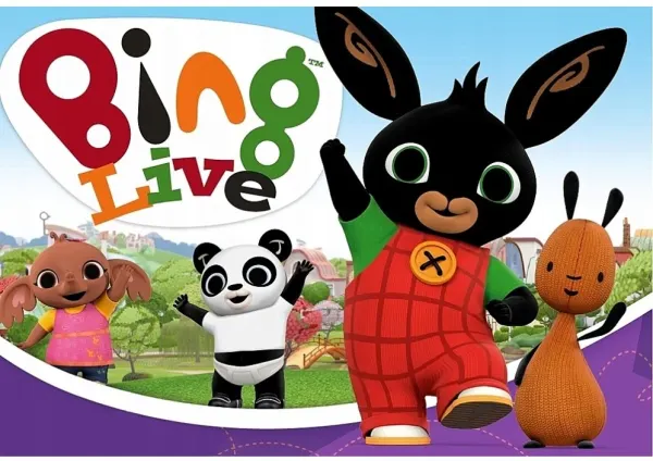 Obdélníkový jedlý obrázek na dort – Bing, s přáteli a nápisem Bing Live (zelená, červená, fialová)