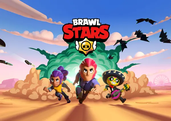 Obdélníkový jedlý obrázek na dort – Brawl Stars, Colt, Shelly a Poco v poušti (modrá, žlutá, červená)