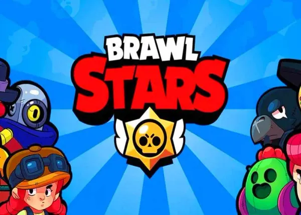 Obdélníkový jedlý obrázek na dort – Brawl Stars, Jessie, Spike a Crow u loga (modrá, červená, žlutá)