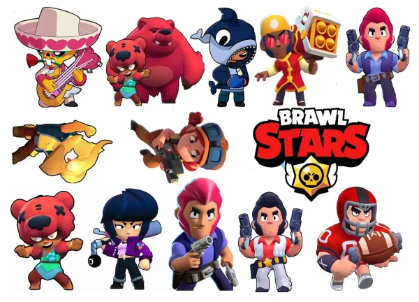 Obdélníkový jedlý papír k výřezu – Brawl Stars, Nita, Colt a dvanáct postav (červená, fialová, žlutá)