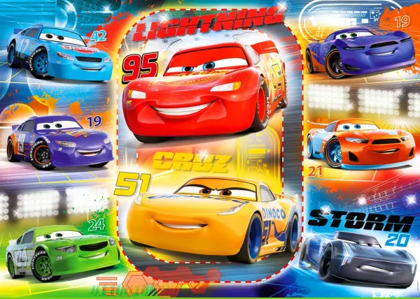 Obdélníkový jedlý obrázek na dort – Cars, McQueen, Cruz a Jackson Storm (červená, žlutá, modrá)