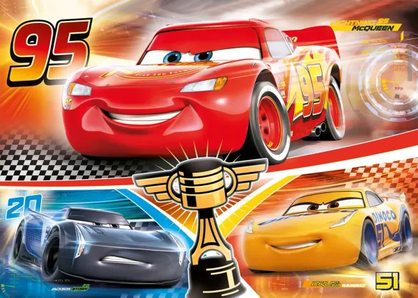 Obdélníkový jedlý obrázek na dort – Cars, McQueen, Jackson Hrom a pohár (červená, žlutá, černá)