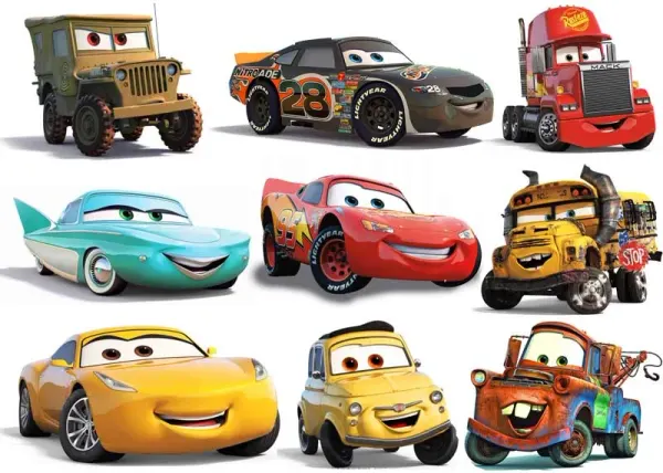 Obdélníkový jedlý papír k výřezu – Cars, velká závodní parta v řadách (červená, žlutá, tyrkysová)