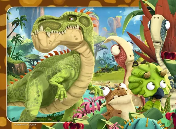Obdélníkový jedlý obrázek na dort – Dinosauři, zelený ještěr v pralese (zelená, modrá, hnědá)