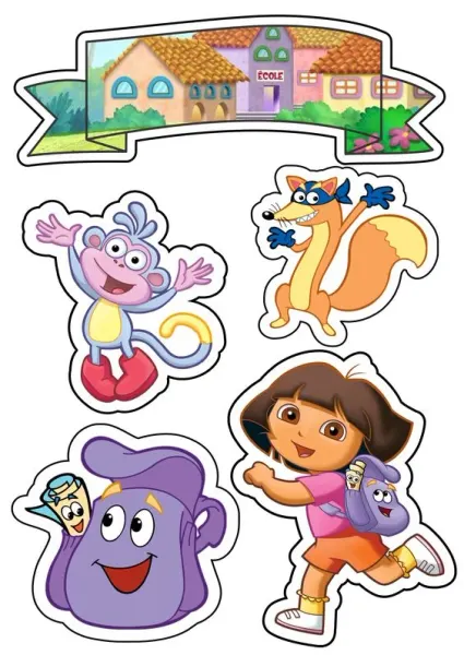Obdélníkový jedlý papír k výřezu – Dora průzkumnice, Dora, Čiko a lišák Swiper (žlutá, fialová, modrá)