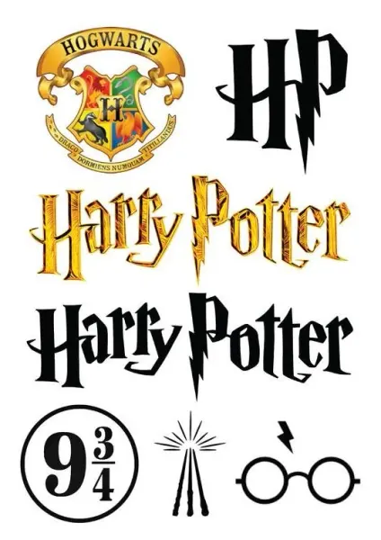 Obdélníkový jedlý papír k výřezu – Harry Potter, erb Bradavic, hůlky a loga (černá, žlutá, červená)