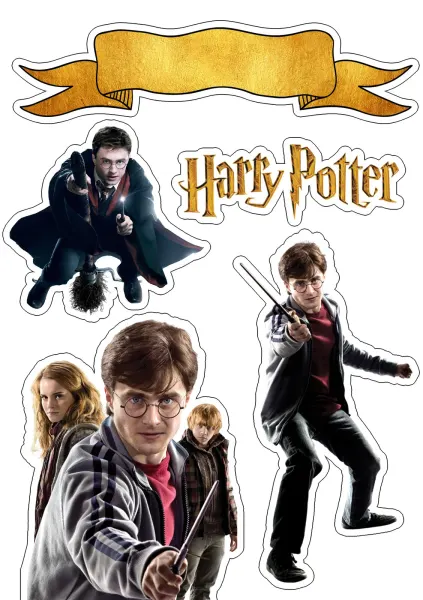 Obdélníkový jedlý papír k výřezu – Harry Potter, postavy s hůlkou a na koštěti (zlatá, černá, červená)