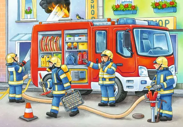 Obdélníkový jedlý obrázek na dort – Hasiči (červená, modrá, žlutá)