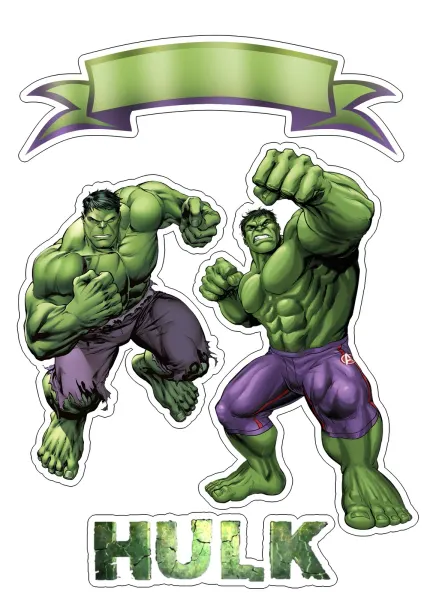 Obdélníkový jedlý papír k výřezu – Hulk, sada dvou postav se stuhou a nápisem (zelená, fialová, bílá)