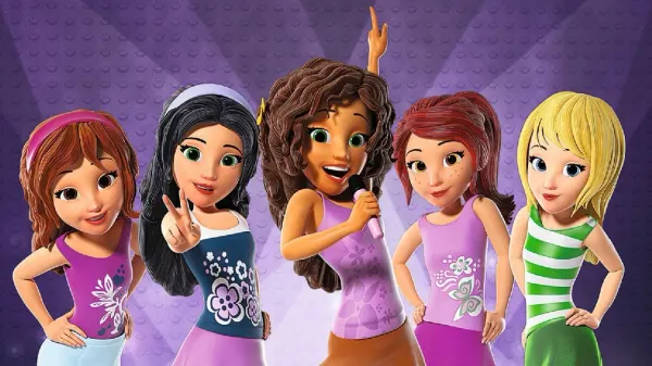 Obdélníkový jedlý obrázek na dort – LEGO Friends, pět kamarádek v letních topech (fialová, růžová, zelená)
