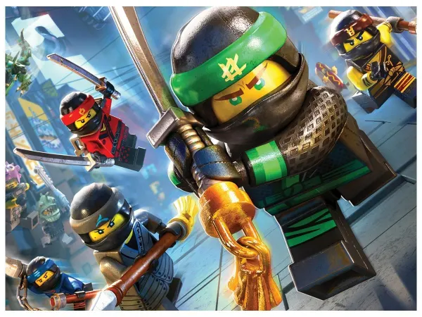 Obdélníkový jedlý obrázek na dort – LEGO Ninjago, Lloyd a hrdinové ve městě (zelená, modrá, černá)