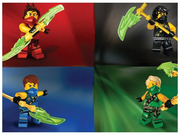 Obdélníkový jedlý obrázek na dort – LEGO Ninjago, nindžové ve 4 barevných polích (červená, modrá, zelená)
