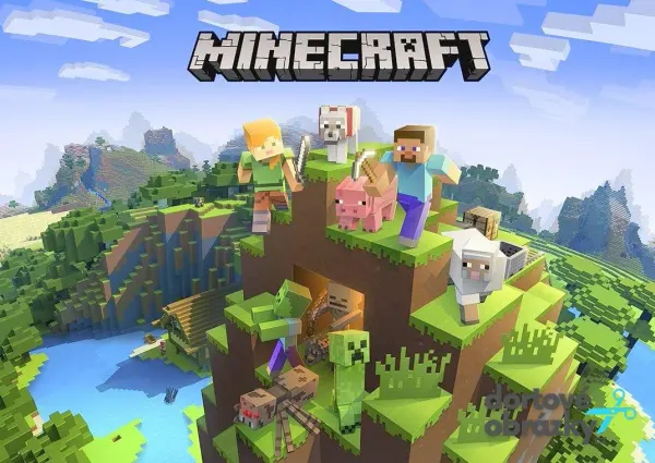 Obdélníkový jedlý obrázek na dort – Minecraft, Steve, Alex a zvířata v krajině (zelená, modrá, hnědá)