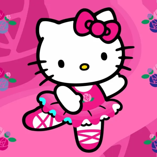 Kulatý jedlý obrázek na dort – Hello Kitty, jako baletka s růžemi (růžová, bílá)
