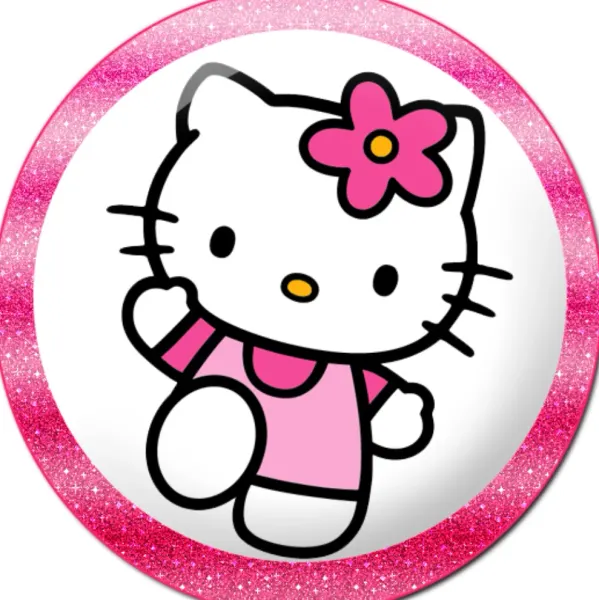 Kulatý jedlý obrázek na dort – Hello Kitty, mávající s kytičkou na oušku (růžová, bílá, černá)