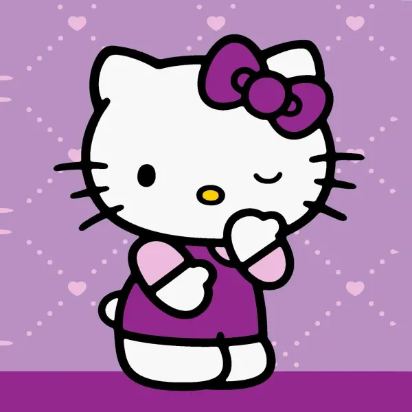 Kulatý jedlý obrázek na dort – Hello Kitty, mrkající ve fialových šatech (fialová, bílá, růžová)