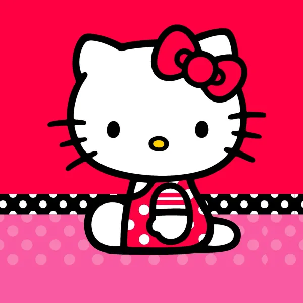 Kulatý jedlý obrázek na dort – Hello Kitty, sedící na puntíkatém pozadí (růžová, bílá, černá)