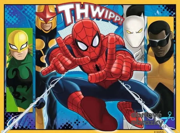 Obdélníkový jedlý obrázek na dort – Spiderman, komiksové panely a efekt Thwipp (modrá, červená, žlutá)