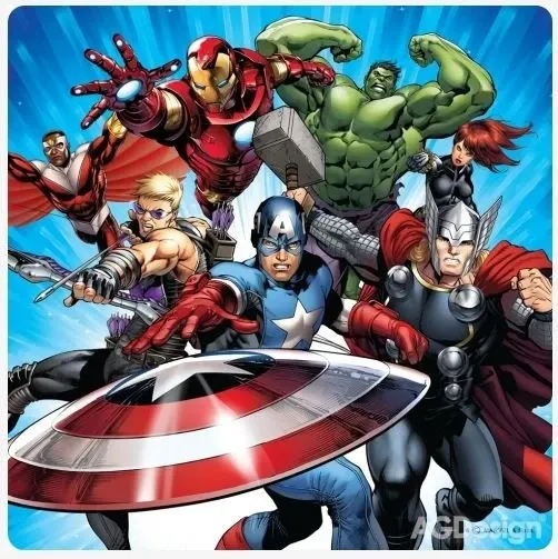 Obdélníkový jedlý obrázek na dort – Avengers, Captain a tým s modrými paprsky (modrá, červená, zelená)