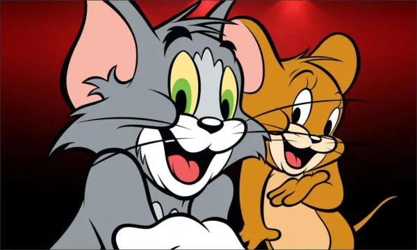 Obdélníkový jedlý obrázek na dort – Tom a Jerry, smějící se na červeném pozadí (červená, šedá, hnědá)