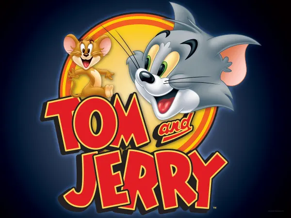 Obdélníkový jedlý obrázek na dort – Tom a Jerry, žlutý kruh a modré pozadí (modrá, červená, žlutá)