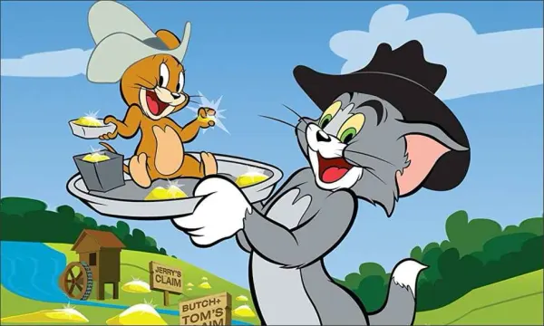 Obdélníkový jedlý obrázek na dort – Tom a Jerry, zlatokopové ve westernu (modrá, zelená, šedá)