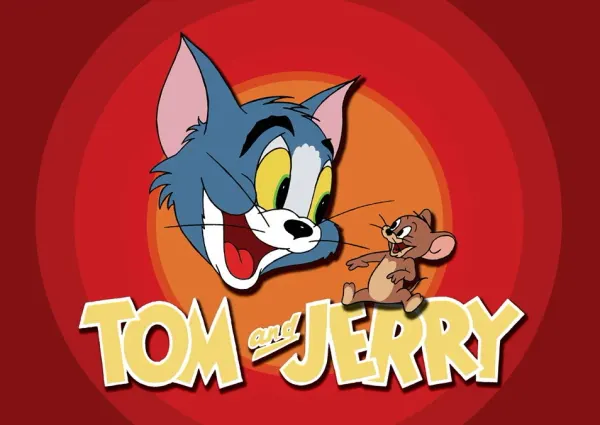 Obdélníkový jedlý obrázek na dort – Tom a Jerry, ikonický terč a žlutý nápis (červená, modrá, žlutá)