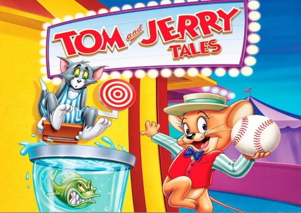 Obdélníkový jedlý obrázek na dort – Tom a Jerry, pouť a házení míčkem (žlutá, červená, modrá)