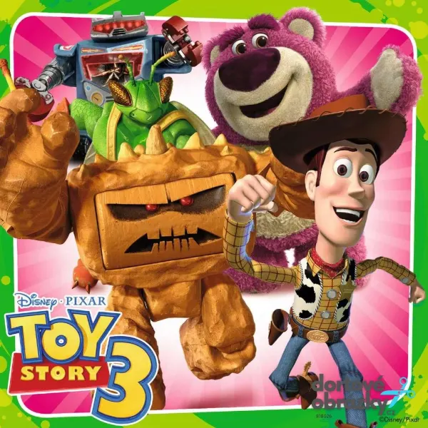 Obdélníkový jedlý obrázek na dort – Toy Story, Woody, medvěd Mazel a roboti (růžová, zelená, hnědá)